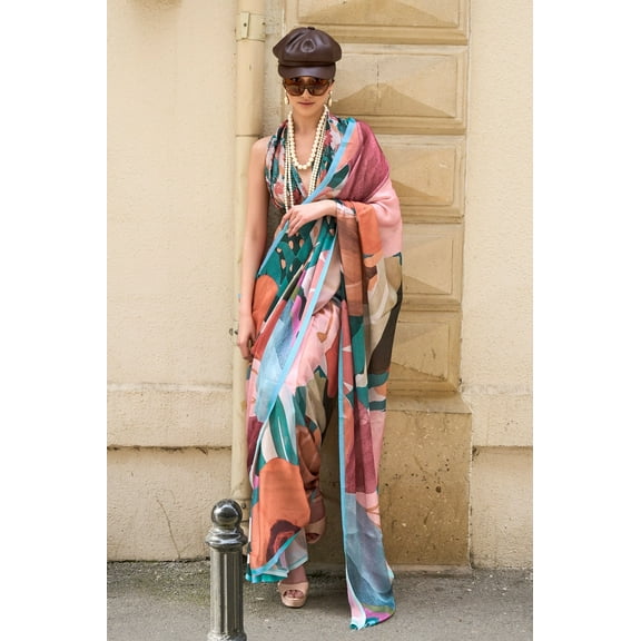 Multicolor Printed Satin Georgette Saree