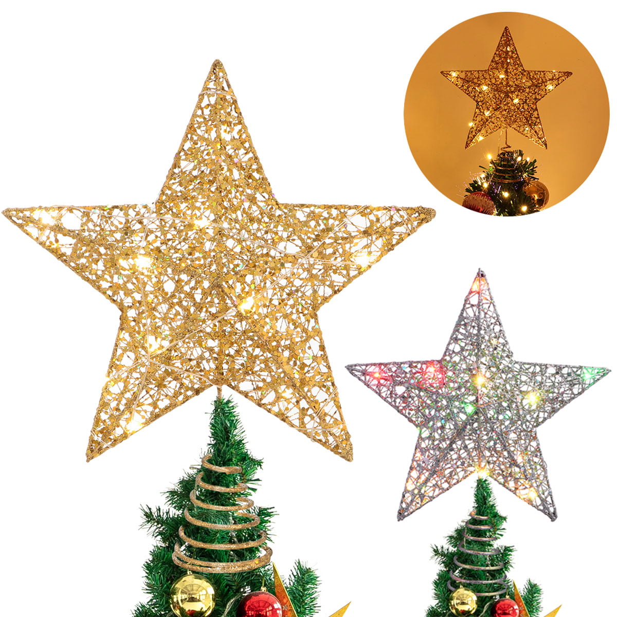 15-30cm 3 Colors Glitter Star Christmas Tree Topper Decor Ornament Xmas Decors 