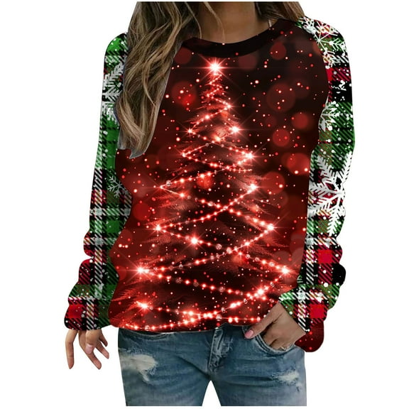 Turilly Christmas Tree Printed Sweatshirts for Women Loose Fit Round Neck Sweatshirt