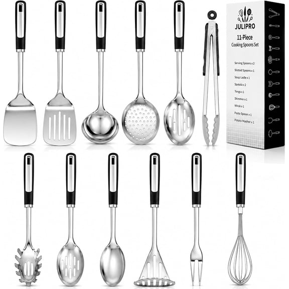 Stainless Steel Kitchen Utensil Set, 11 Piece | Premium Thickened Cooking Utensils Set, Silver Kitchen Tools Set for Cooking, Dishwasher Safe Kitchen Tool Set