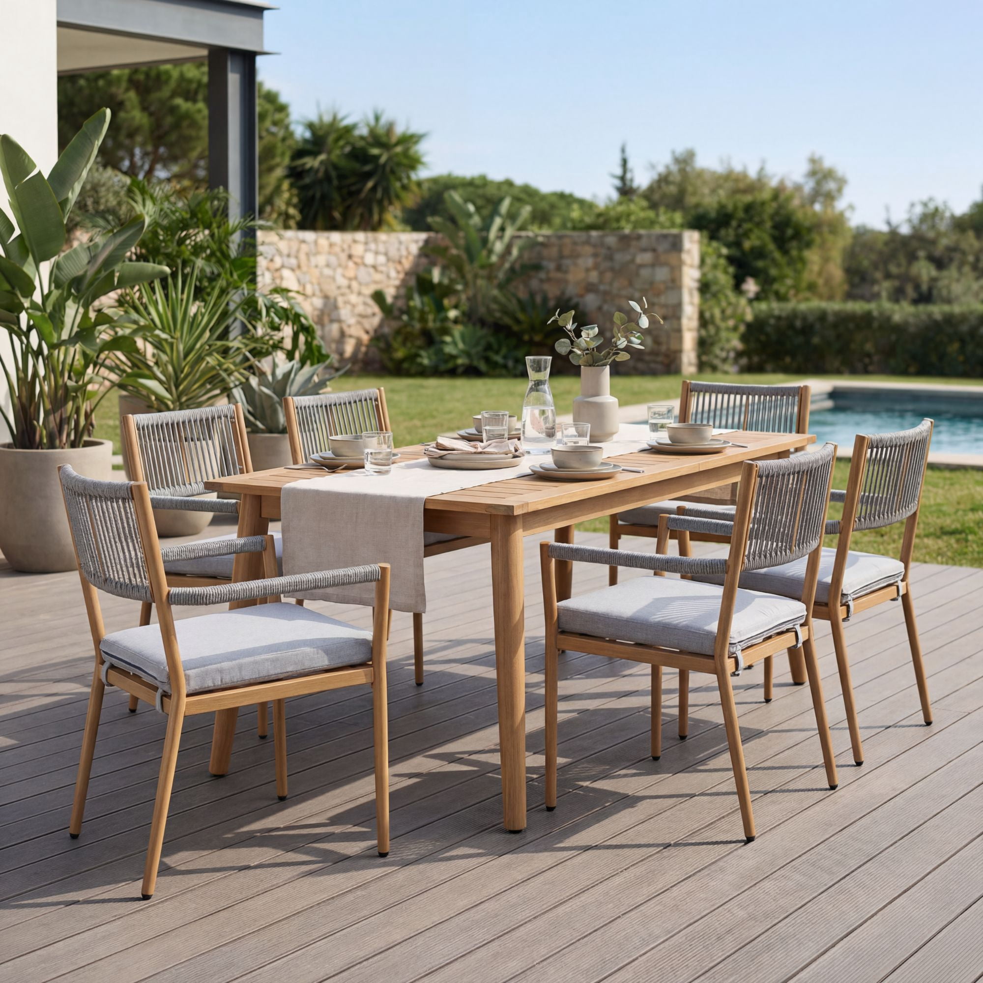 Dayalane Outdoor Dining Chairs Set of 6, Rope Rattan Patio Chairs with Cushions & Armrests, Weather-Resistant Metal Frame for Patio, Balcony/Bistro, Grey