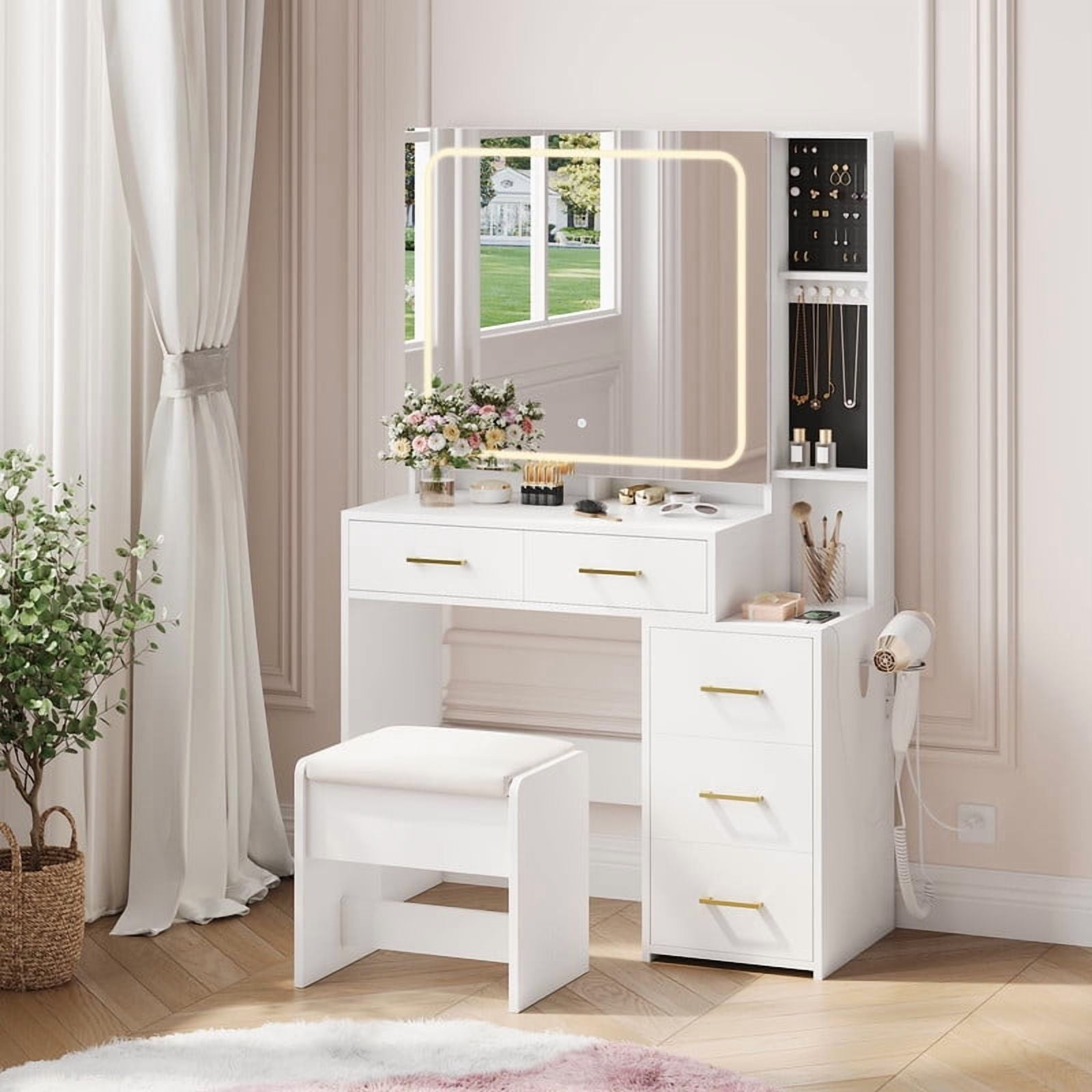 TROPOW Makeup Vanity Set with Mirror and Lights, Vanity Desk with 5 Drawers, Stool & Power Outlet, 3-Color Lighting Modes with Adjustable Brightness for Bedroom Dressing Table,White