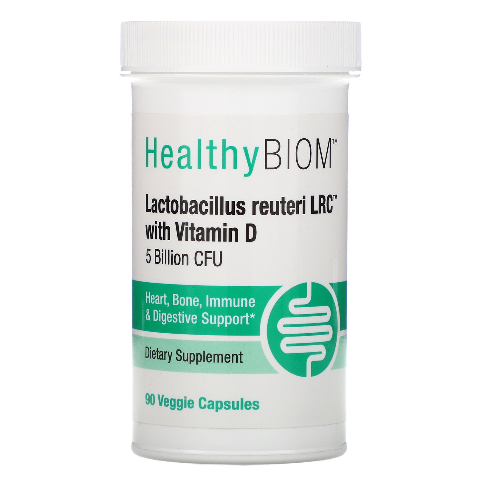 Lactobacillus Reuteri LRC with Vitamin D, 5 Billion CFUs, 90 Veggie Capsules, HealthyBiom ...