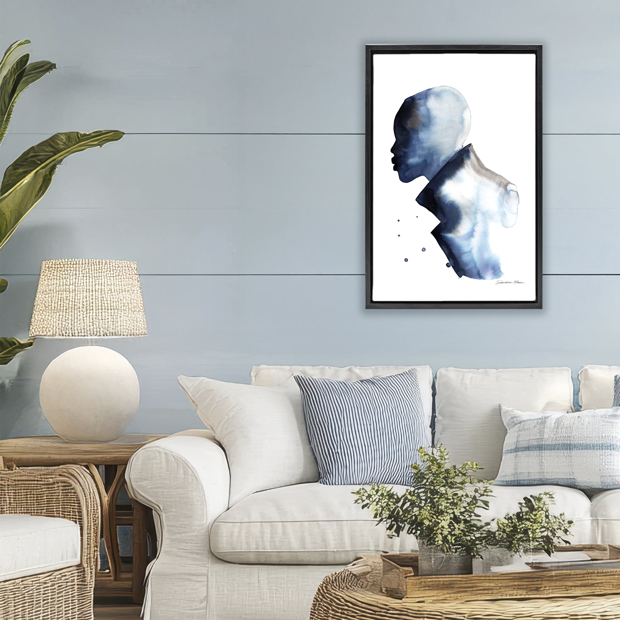 Stupell Industries Feeling Blue Portrait Silhouette Black Framed Floater Canvas Wall Art, design by Simone Elum
