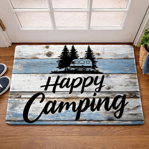 Camping Themed Flannel Doormat with Non-Slip Backing, Durable Stain-Resistant, Machine Washable Indoor Outdoor Rug for Bedroom Living Room Office Porch Kitchen