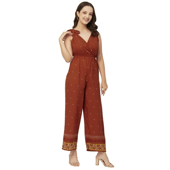 Moomaya Printed Jumpsuit For Women, Sleeveless Tie-Up V-Neck Loose Romper