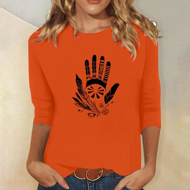 Heisall Women's Spring Autumn Tops 3/4 Sleeve Round Neck Casual Fashion Blouses Orange Festival Print Shirts