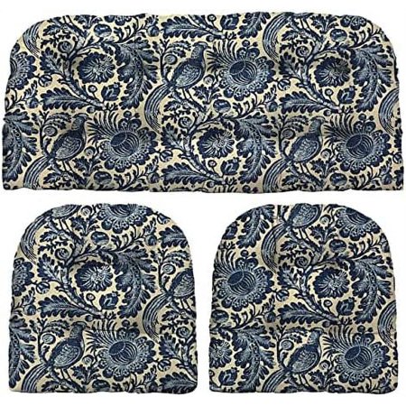 Indoor Outdoor 3 Piece Tufted Wicker Cushion Set, (Standard, Tucker Resist Indigo Blue)