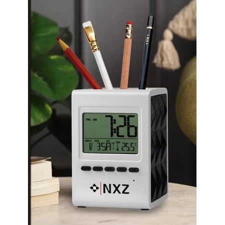 Digital LCD Display Desk Organiser Alarm Clock, Penholder Table Clocks for Office, Student Table Alarm and Temperature Clock