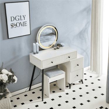 Mifi Lady White Small Vanity Tables With Mirror,Vanity Desk With Lights Set,4 Drawers & Adjustable Shelves Dressing Table Set With Stools