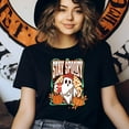 thumbnail image 3 of Stay Spooky Ghost Shirt Funny Graphic Tee with Pumpkin and Coffee Print, Gold, Size M, 3 of 6