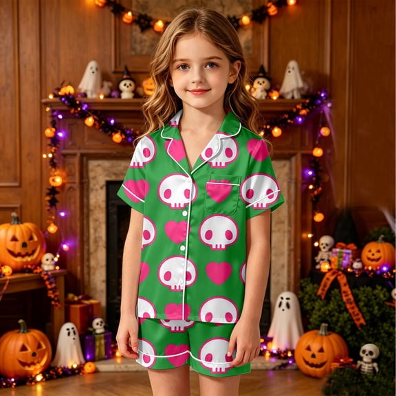 Outfit Sets for Girls Halloween All Over Print Collar Short Sleeve Top Shorts Loungewear 2 Piece Outfits Size 9-12M