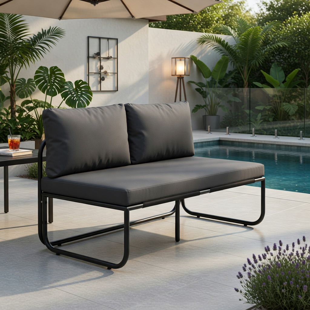 Hommoo Outdoor Patio Loveseat Sofa, 2-Person Metal Frame Couch with Removable Machine-Washable Cushions, Armrests & Adjustable Feet, Gray