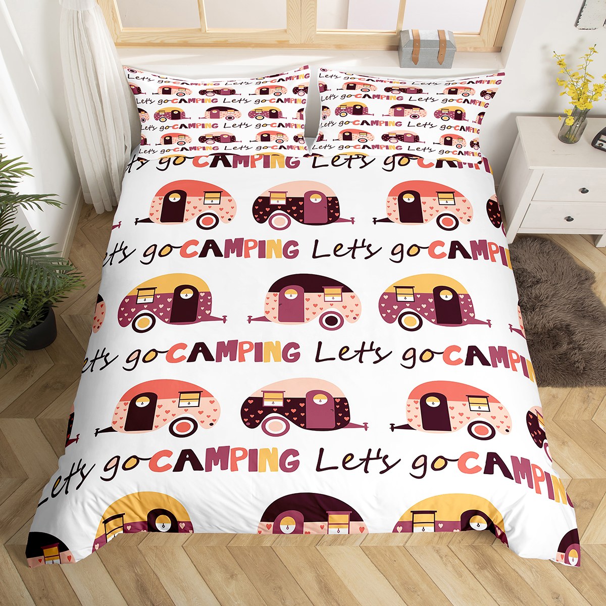 Camper Bedding Set Camp Travel Car Comforter Cover Camping Gift,Happy