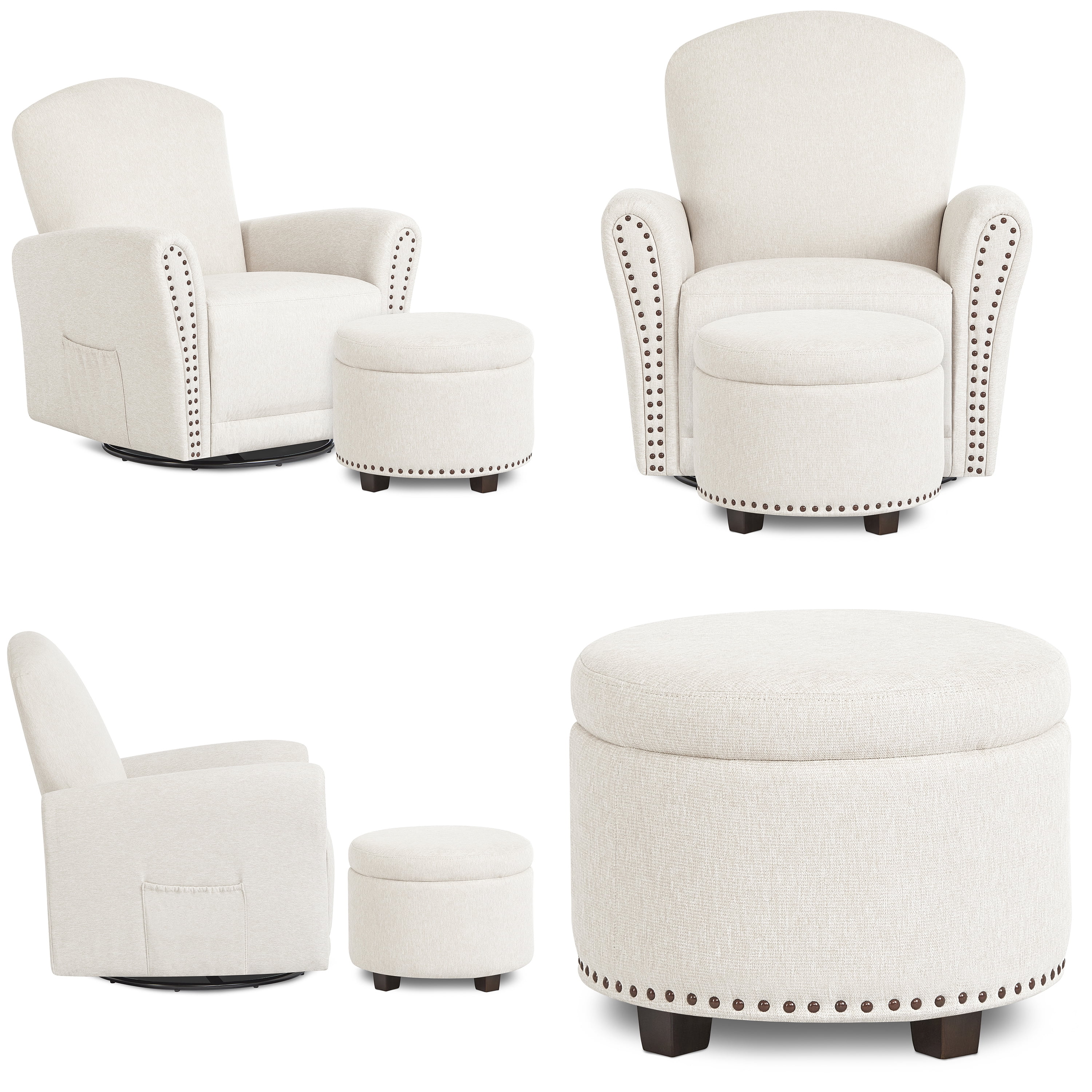 Evolur Vienna Swivel Glider with Ottoman and Nailhead Trim, Greenguard Gold Certified, Made from Sturdy and Sustainable FSC-Certified Wood, Sweet Cream