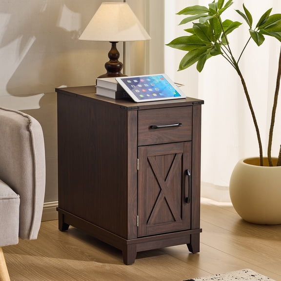 Sobremesa Farmhouse End Table with USB Charging, Narrow Nightstand with Drawer, Adjustable Shelf & Storage Cabinet for Living Room or Bedroom, Choco