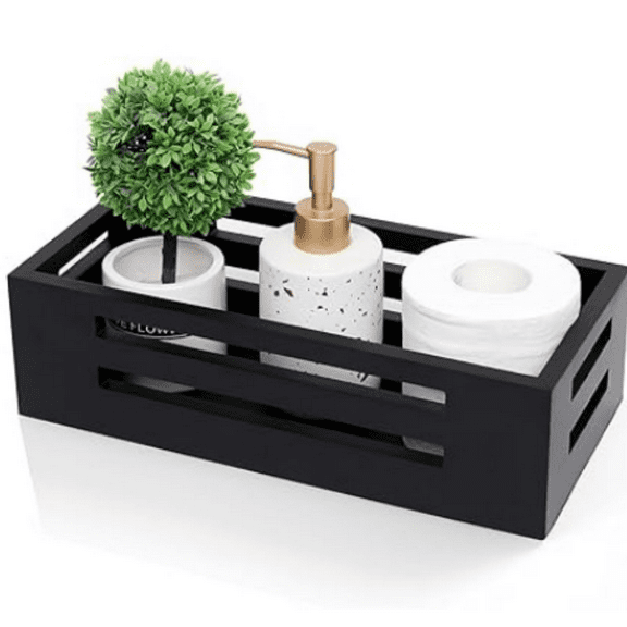 Black Decor Box Wooden Toilet Tank Paper Basket with Handles for Organizing,Bathroom Decor Box for Toilet Paper Storage