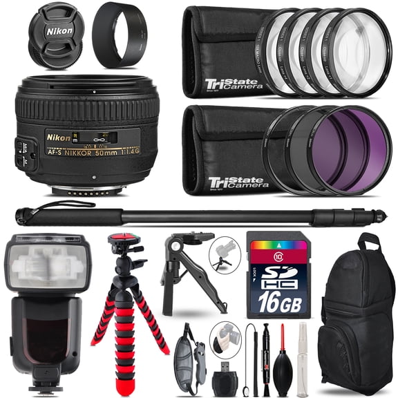 Nikon AF-S 50mm 1.4G + Professional Flash + Macro Kit - 16GB Accessory Bundle
