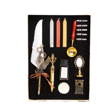 Sylvtty Vintage Quill Pen Set with 5 Replaceable Nibs Ink Absorbent Smooth Writing Metal Feather Pen Set Unique Gift