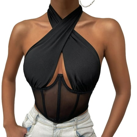 

Gueuusu Women Solid Color Camisole Halter Neck See Through Mesh Corset Tops