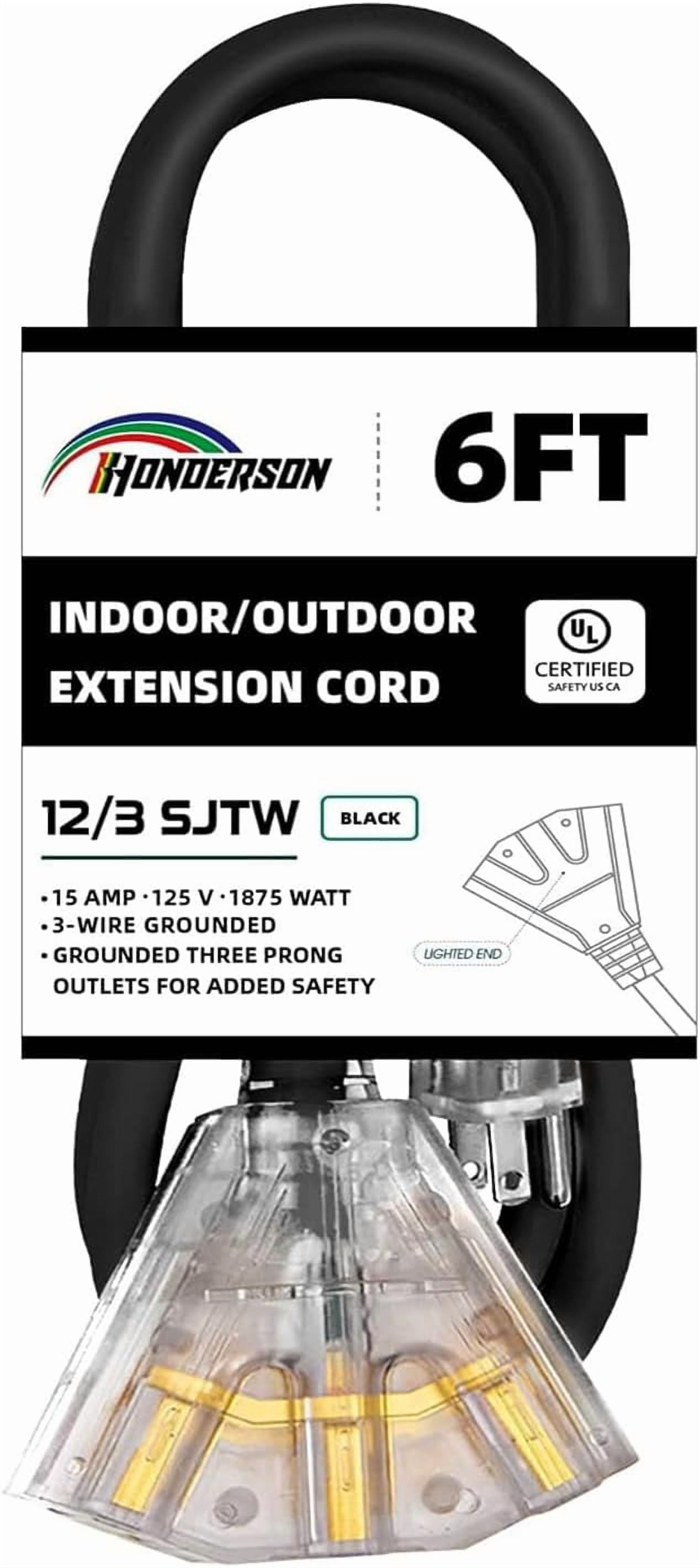 3-Outlets Indoor Outdoor Extension Cord Weatherproof with Lighted End, UL Certified, 12 Gauge 6FT Black 3 Prong Heavy Duty, 12/3 SJTW 15A Power Cord