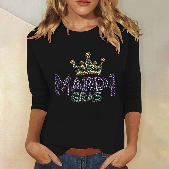 SOOMLON Mardi Gras T Shirt Womens Tuesday Shirts Carnival Themed Party 3/4 Sleeve Outfits Funny Mask Graphic Tshirts Casual Round Neck Tops New Orleans Parade Pullovers 2025 Black S