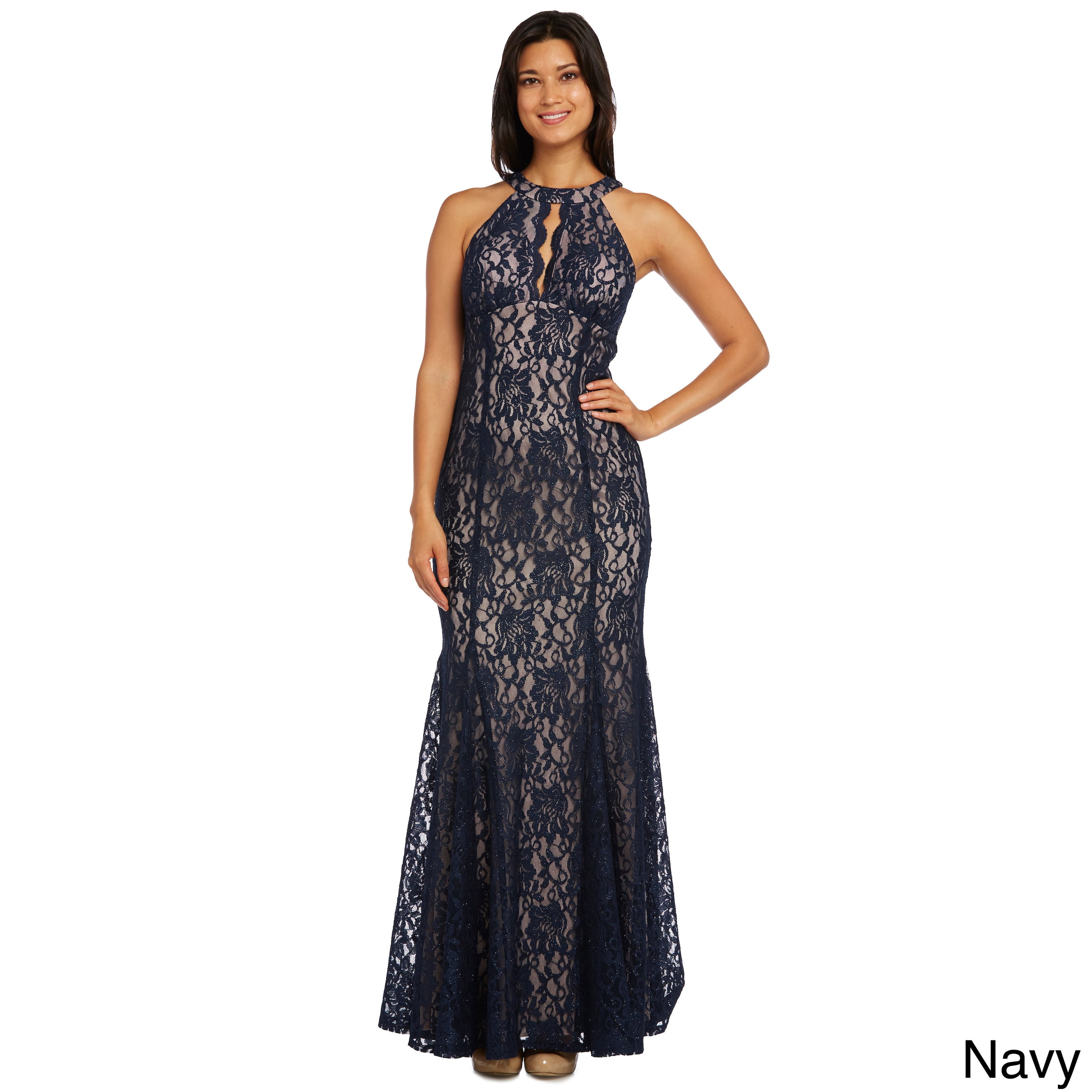 Nightway - Nightway NEW Blue Nude Womens Size 8 Lace Haltered Keyhole Gown Dress - Walmart.com 