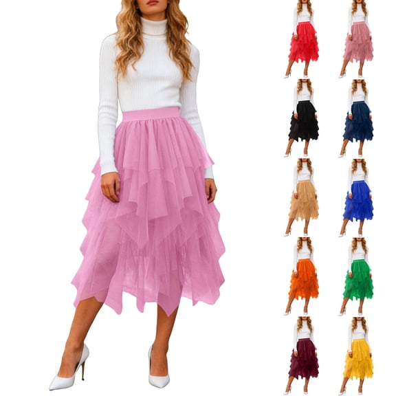 GEWSEY Tulle Skirts for Women, Puffy Skirt Asymmetrical Midi Length Ruffled Tutu Layered Mesh Fairy Skirt (Navy, S)