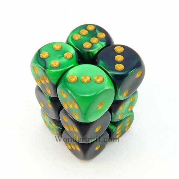 Black and Green Gemini Dice with Gold Pips D6 16mm (5/8in) Pack of 12 Chessex
