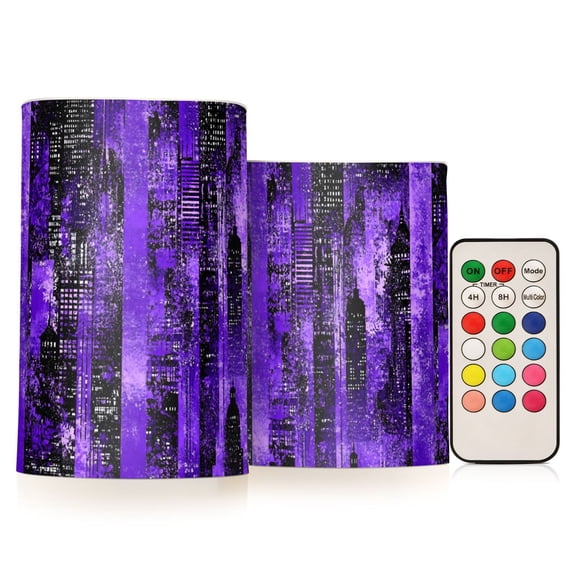 Modern Purple Cityscape Pattern Flameless LED Candle Set with Remote, Battery Operated Color Changing Pillar Candles, Set of 2