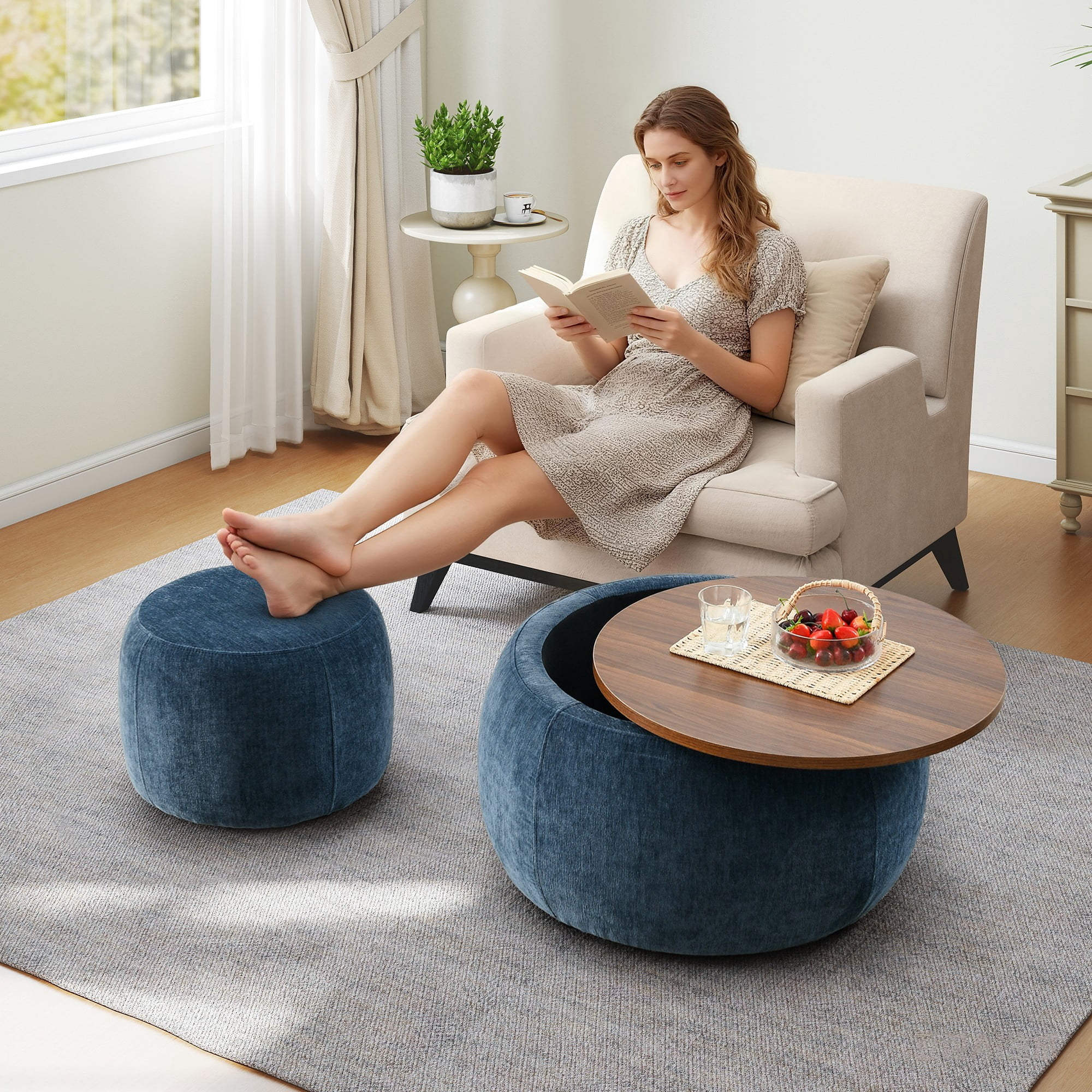 Aukfa 2pc Round Storage Ottoman, Chenille Upholstered Pouf Foot Rest Stools, Coffee End Table for Living Room, Bedroom, Dorm, Blue