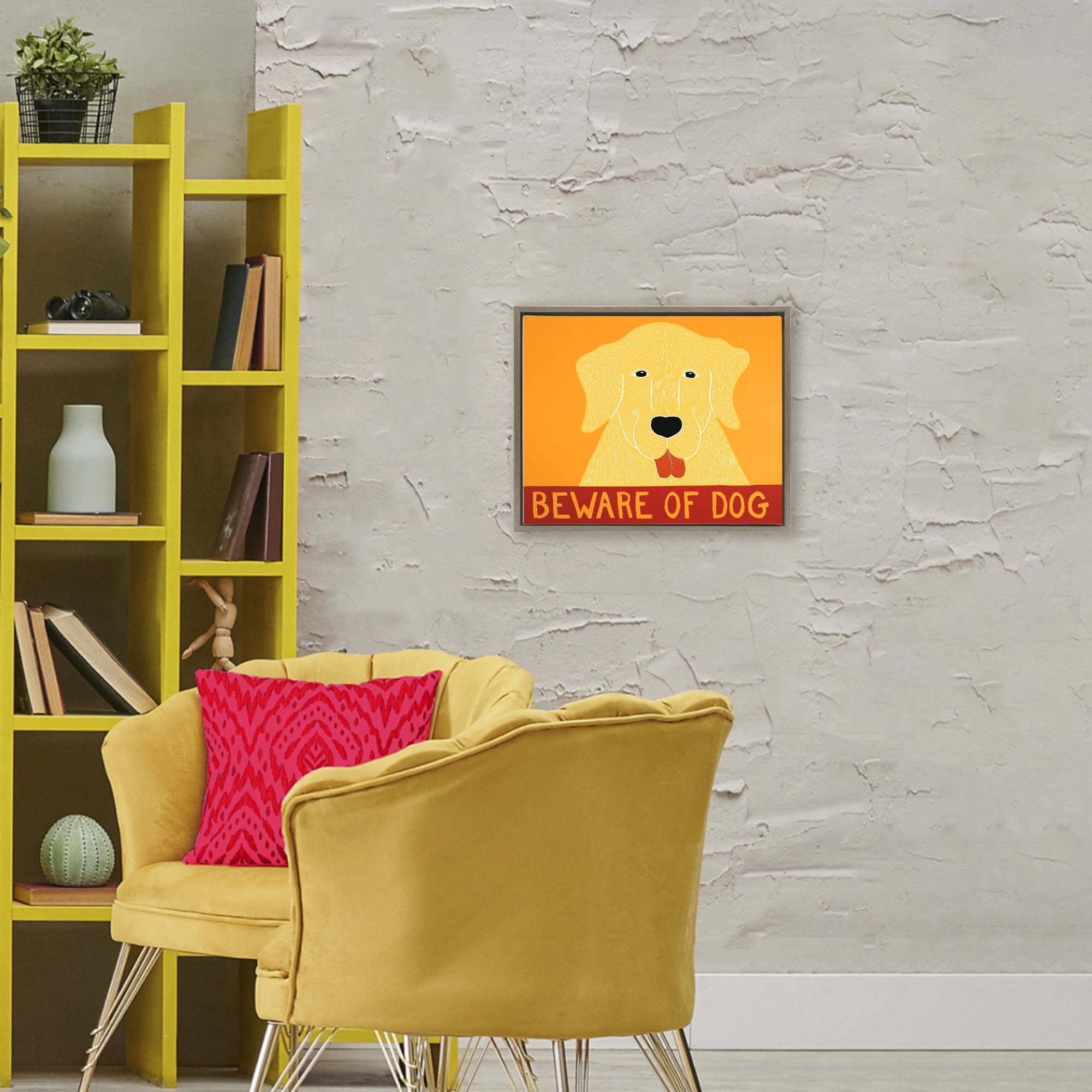 Beware Of Dog Yellow & Red Brown Framed Floater Canvas Wall Art, design by Stephen Huneck