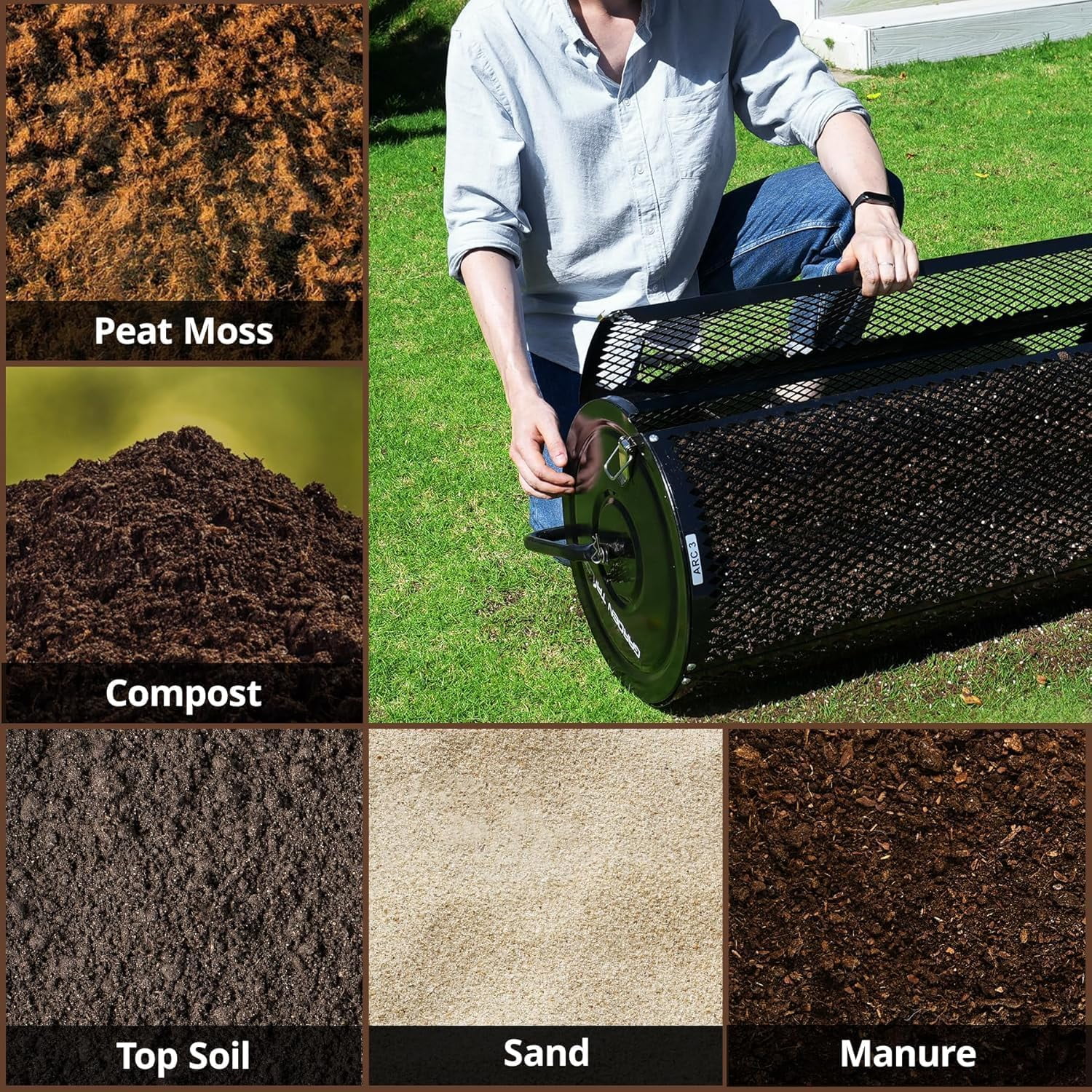 Garden Tailor Compost Spreader 44 Inch Towable Peat Moss Spreader with Installation Accessories, Metal Mesh Roller Lawn Spreader for Top Soil, Manure, Mulch, Top Dressing - Garden spreaders for lawns