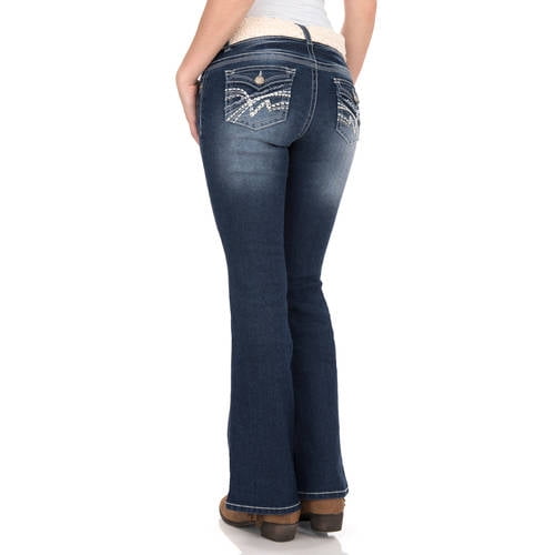 No Boundaries Juniors' belted curvy bootcut jeans w/backflap embroidery ...