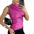 thumbnail image 2 of Women' Solid Mock Neck Sleeveless PU Leather Pleated Slim Fit Tank Top S, 2 of 9