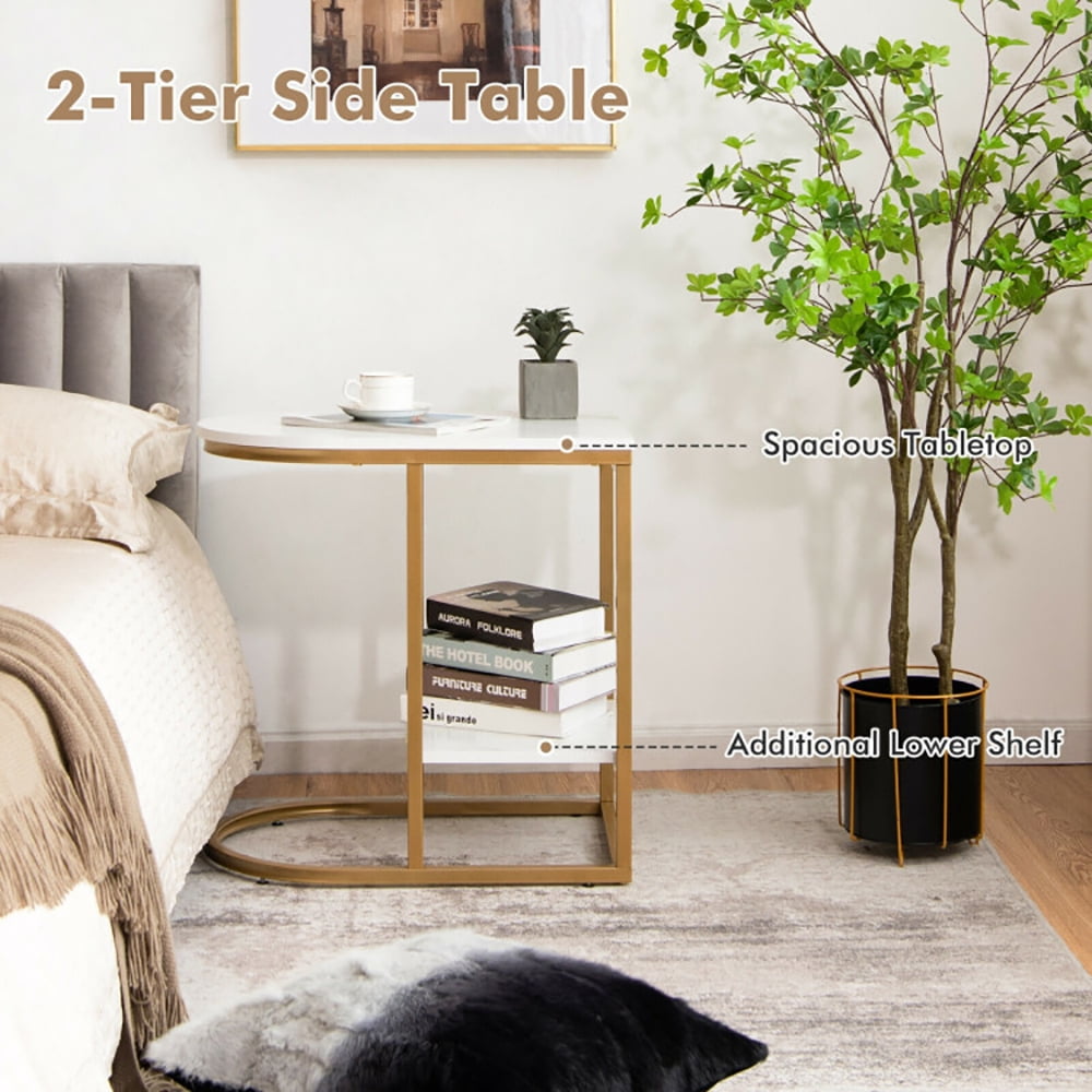 Finihen Side Table, C-shaped Side Table with Faux Marble Tabletop and Golden Steel Frame, Sofa Side Table, Bed Side Table, for Living Room, Bedroom, White