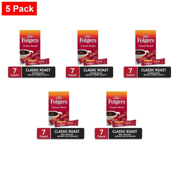 Folgers Classic Roast Instant Coffee, Single Serve Packets 7 count - 5 Pack