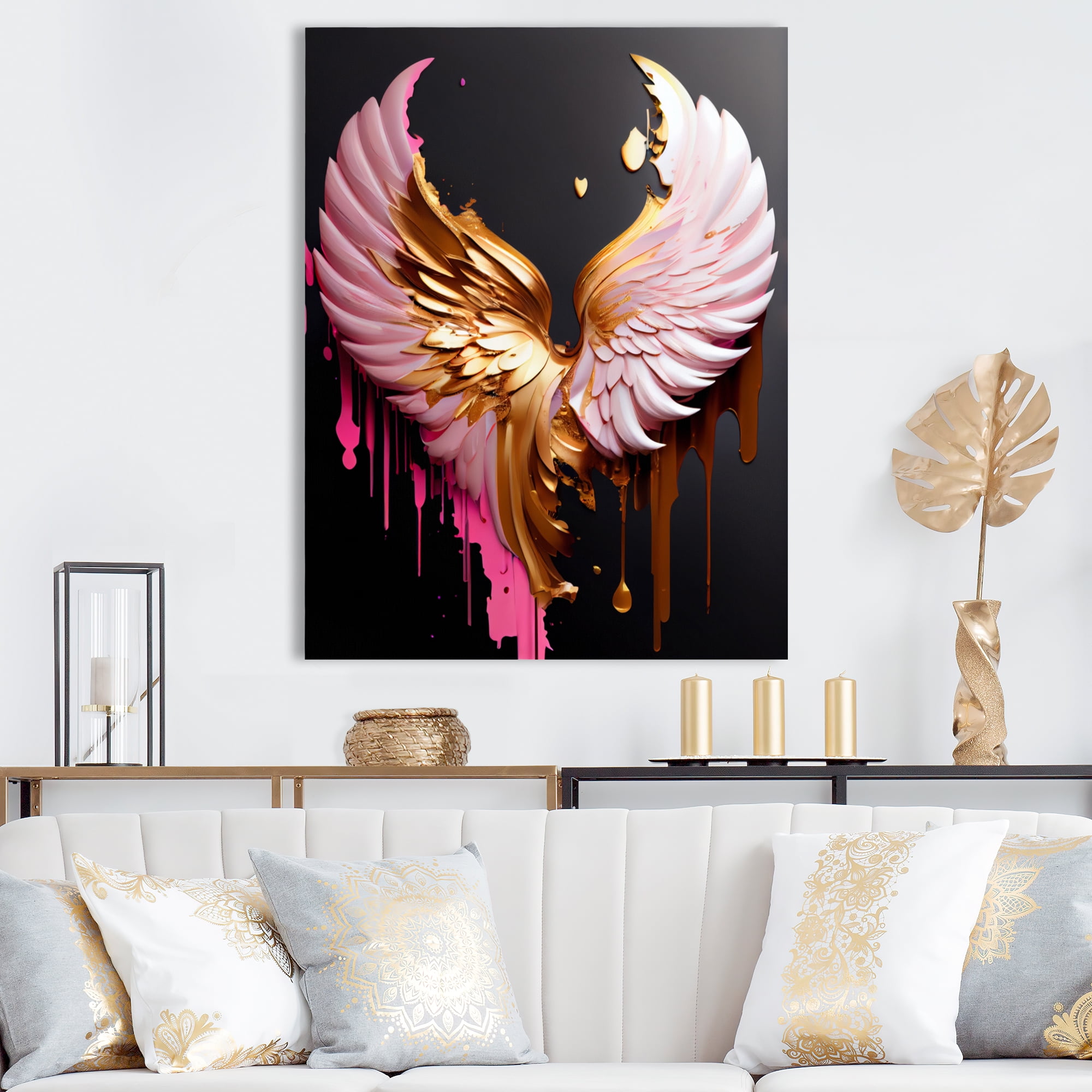 Designart Pink,Gold And Black Angel Wings I Canvas Wall Art