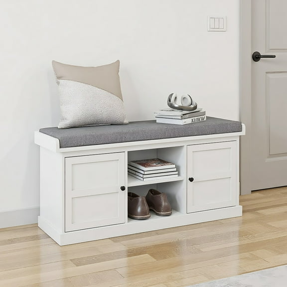 Yardi Yarda Shoe Storage Bench with Cushioned Seat, Entryway Bench Seat with 2 Cabinets and Adjustable Shelf for Indoor, White