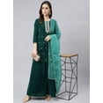 thumbnail image 3 of Janasya Indian Women's Dark Green Velvet Floral Embroidery Kurta with Flared Palazzo and Dupatta, 3 of 10