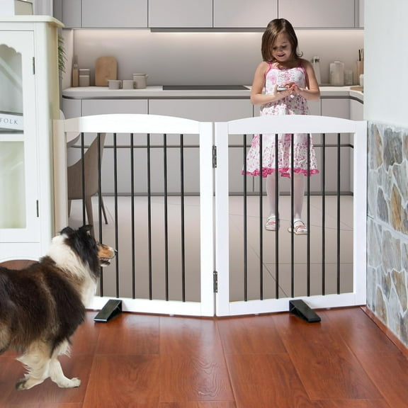 Freestanding Foldable Indoor Dog Fence for Stairs Wood White Long Pet Gates for Dogs, Dog Gates for Hallways,Puppy Gates for House Support Feet Included 24 "Height-2 Panels