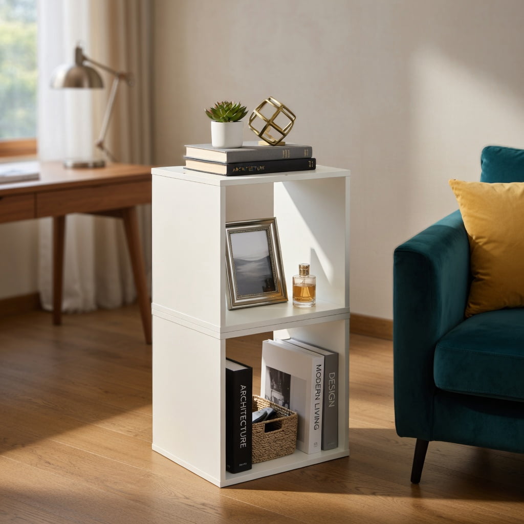 Spaco Cube Storage Organizer Set of 2-White, Tall Bookshelf, Shelves for Living Room, Home Office, Bedroom, Balcony