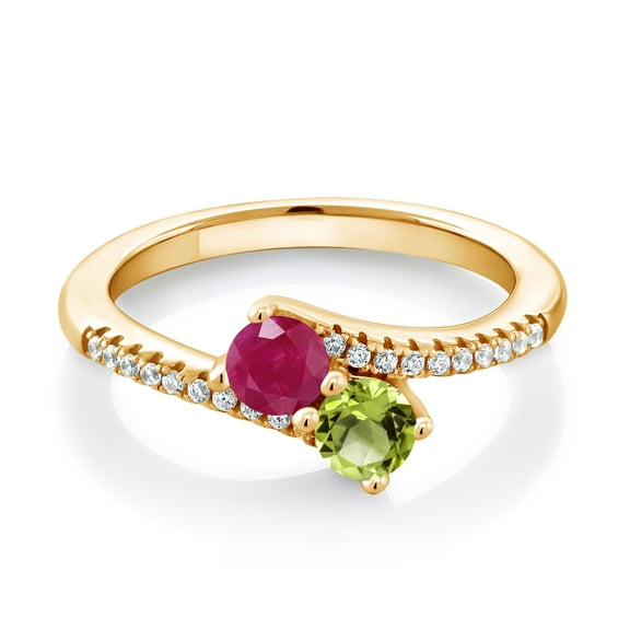 Gem Stone King 18K Yellow Gold Plated Silver Red Ruby and Green Peridot Bypass Ring for Women (0.89 Cttw, Gemstone July Birthstone, Round 4MM, Size 8)