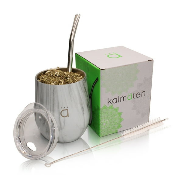 Kalmateh Yerba Mate Gourd- Modern 8 oz Mate Cup with BPA Free Lid- Double Walled 18/8 Stainless Steel - Includes Bombilla and Cleaning Brush (Marble)