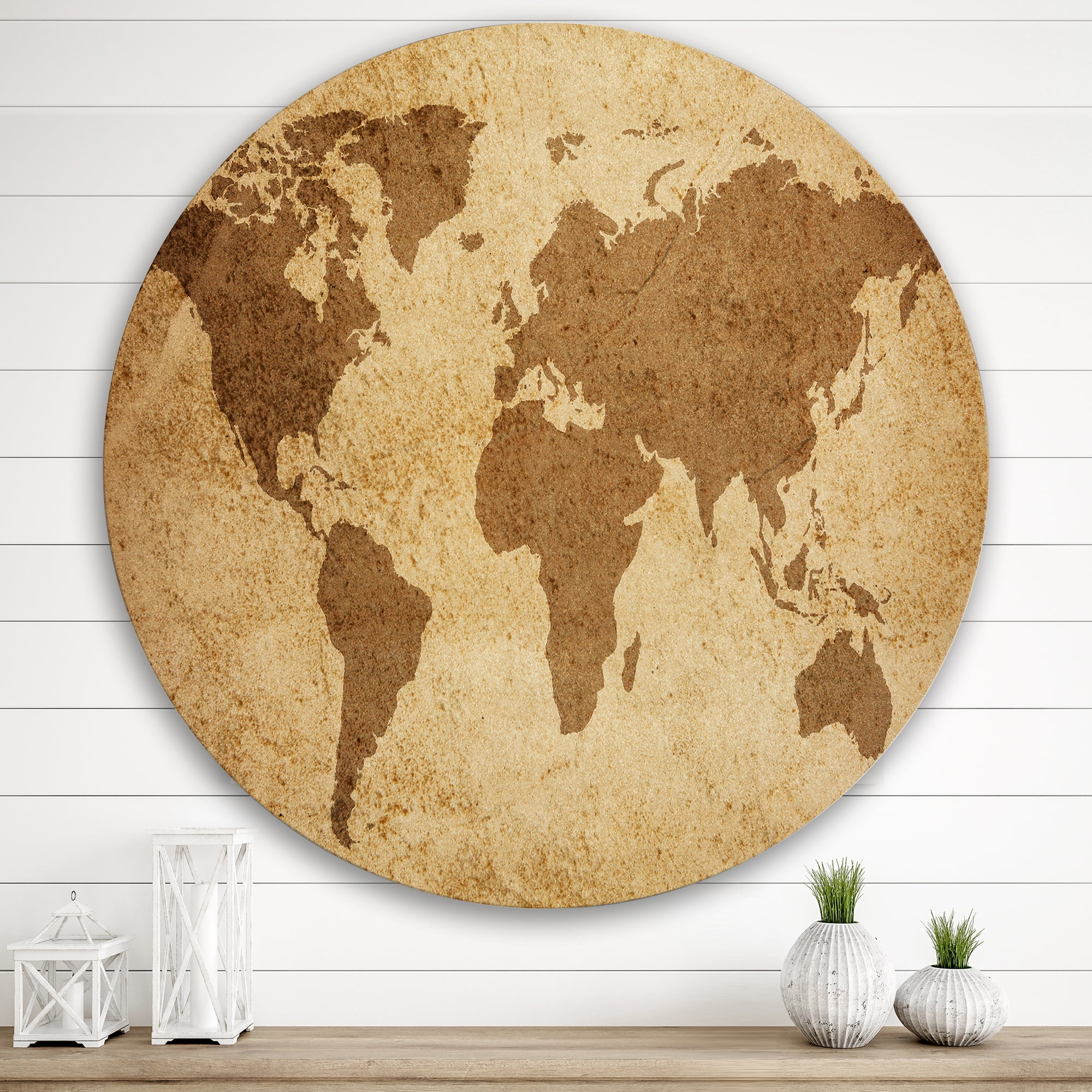 Designart 'Ancient World Map V' Vintage Circle Metal Wall Art 29x29 - Disc of 29