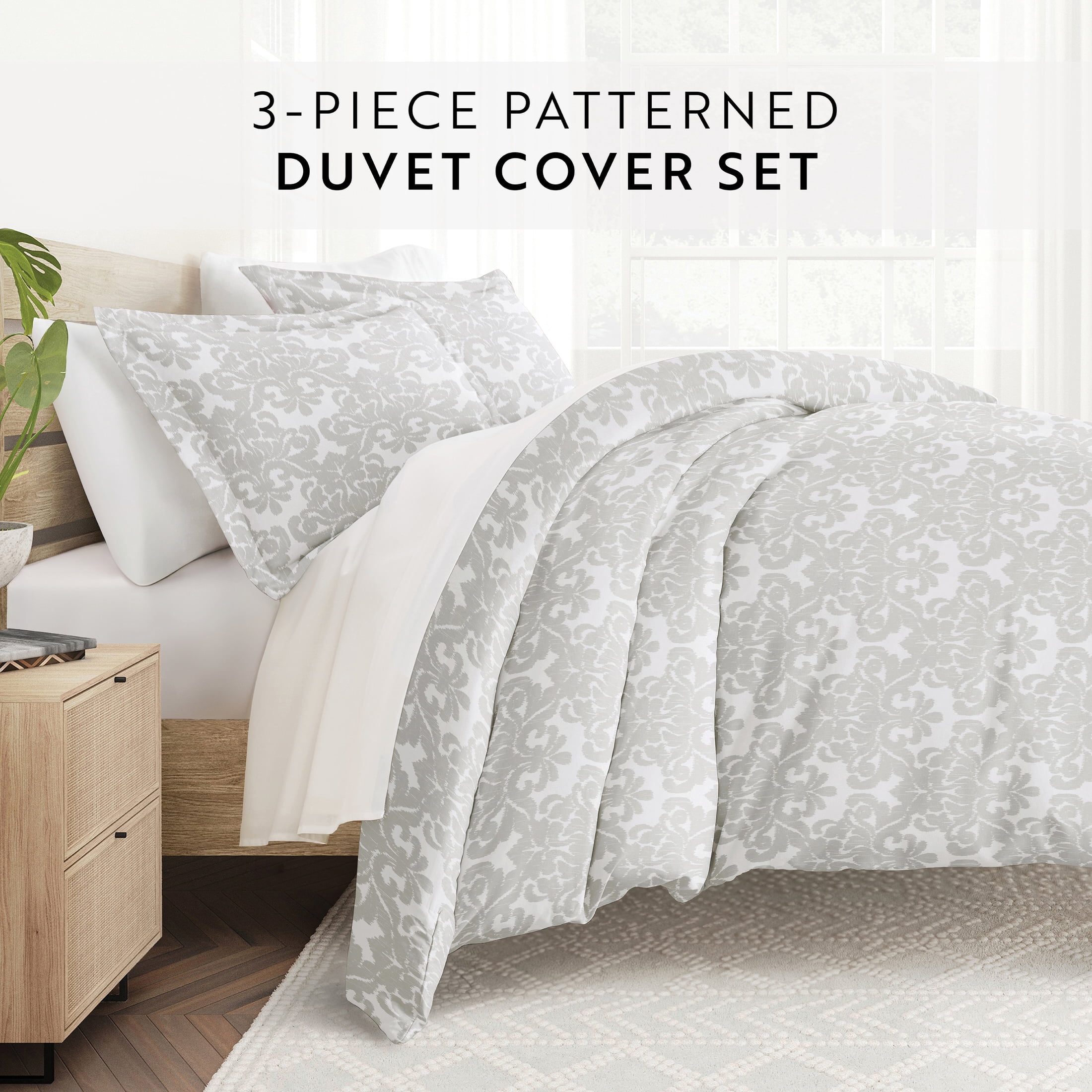 Noble Linens Light Gray Soft Damask Pattern 3-Piece Duvet Cover Set, King/Calking