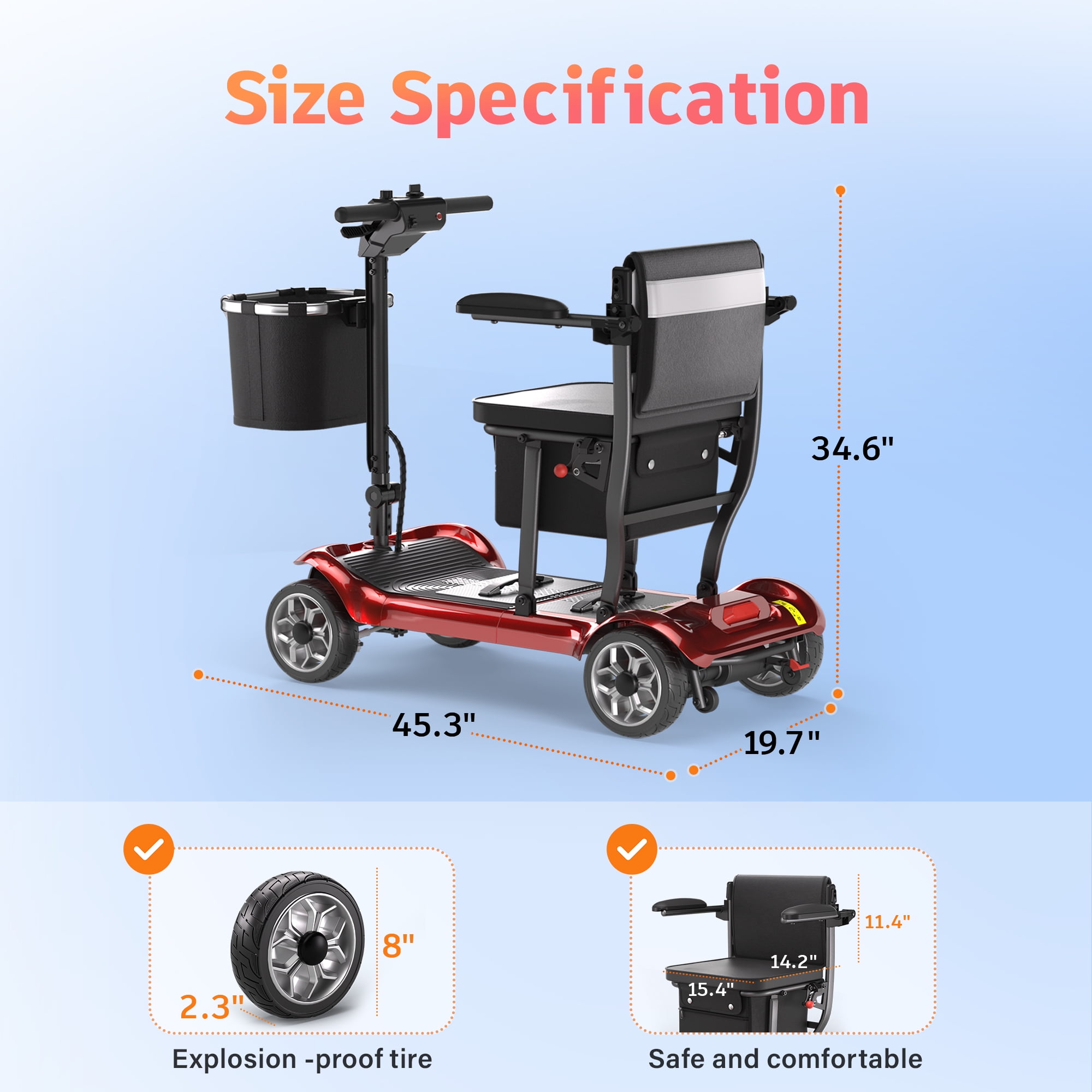EAGLOG Light Weight 4 Wheels Mobility Scooter for Seniors, Electric Folding Wheelchair Device for Travel, 12.4 Miles Range, Red