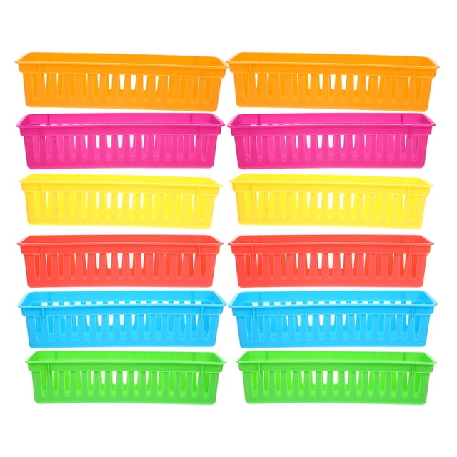 MOVTOTOP 12pcs Classroom Desk Organizer for Students and Teachers, featuring colorful plastic pencil trays in assorted vibrant colors. Each tray measures 25.40x7.20x6.00cm and is designed for organizing pencils, crayons, and small items. Perfect for desk organization essentials in classrooms, offices, or homes, these durable and lightweight trays have a space-saving tapered design.