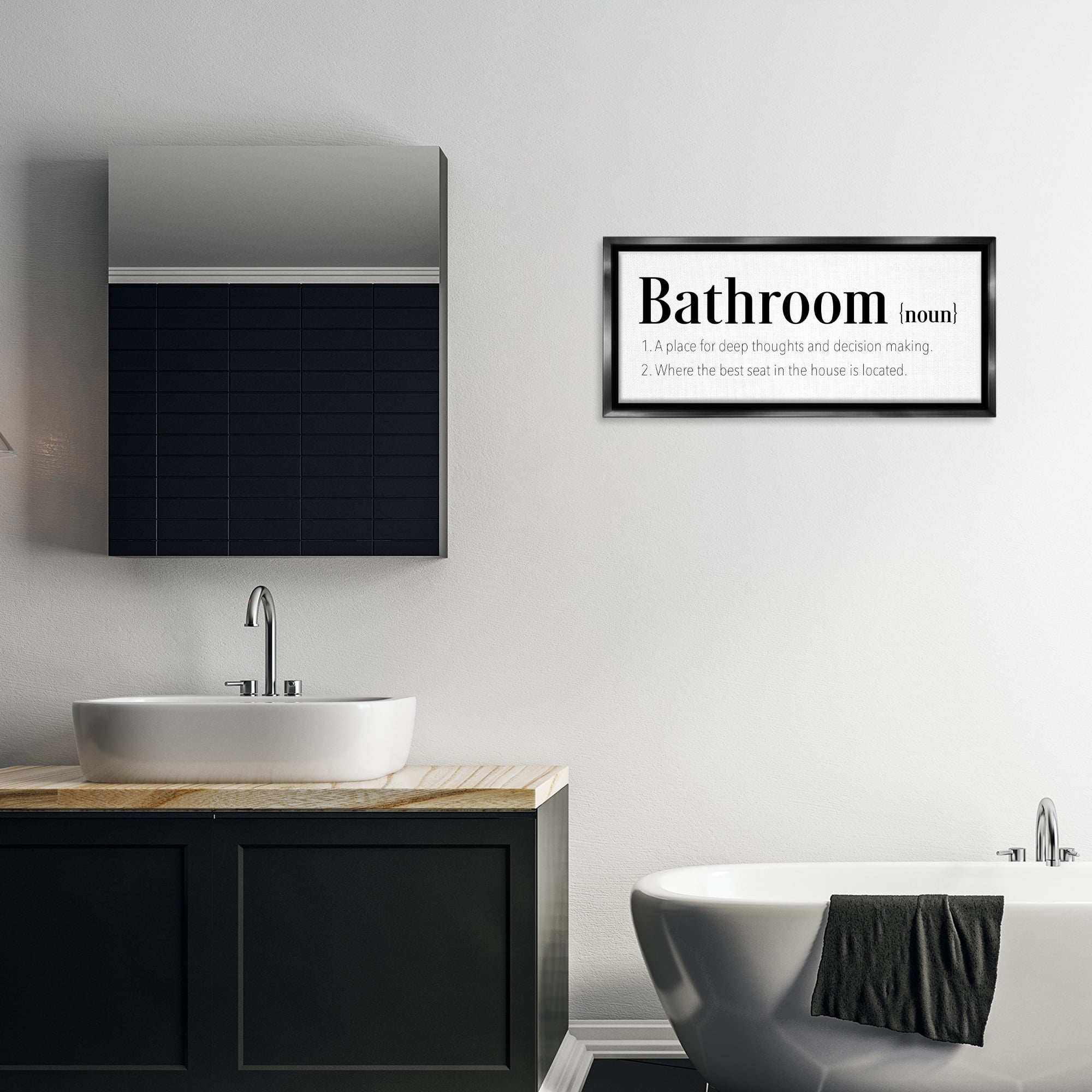 Stupell Industries Funny Bathroom Definition Bath & Laundry Painting Black Floater Framed Canvas Art Print Wall Art, 31 x 14