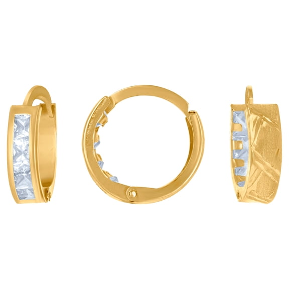 14k Yellow Gold Womens Princess-cut Cubic Zirconia Single Row Huggie Hoop Earrings 13.2x13.3mm Wide Hoop Earring for Wom